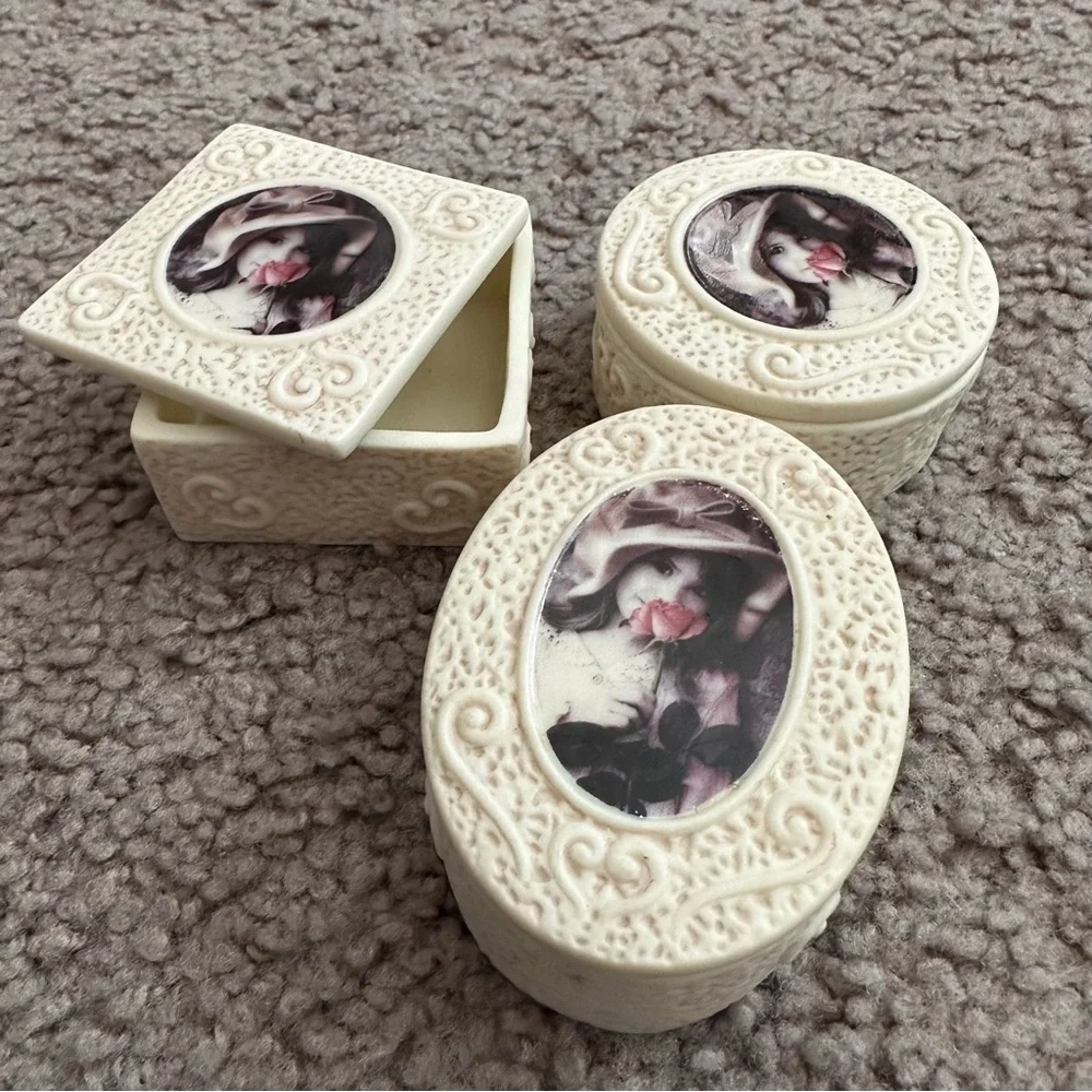 Enesco Kim Anderson's Pretty As A Picture Jewelry Box Vintage Set of 3